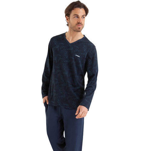 Athéna - Pyjama long Easy Print bleu en coton pour homme  - Promo LES ESSENTIELS HOMME
