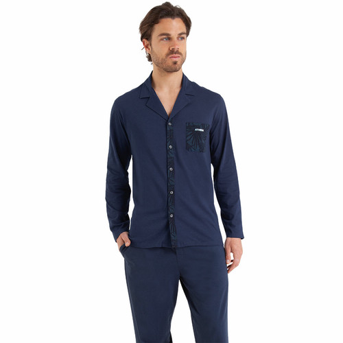 Athéna - Pyjama long ouvert Easy Print bleu en coton pour homme  - Promos homme