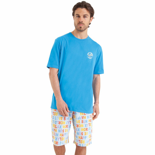 Athéna - Pyjama court Happy Summer bleu en coton pour homme  - Toute la mode