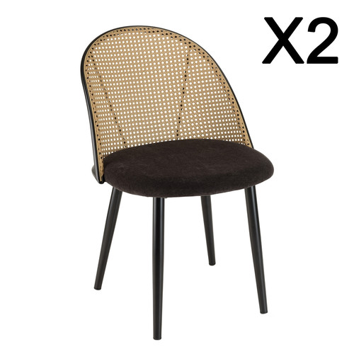 Macabane - Lot de 2 chaises assise tissu noir dossier arrondi effet cannage LEA - Macabane meubles & déco