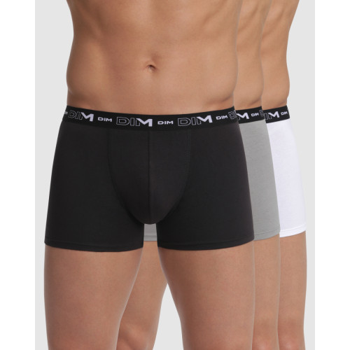 Dim Homme - Pack de 3 Boxers Coton Stretch - Ceinture Siglée Noir / Gris / Blanc - Sous-vêtement homme & pyjama