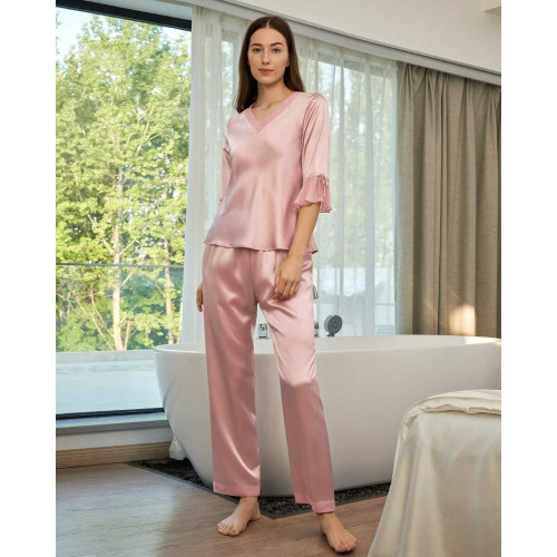 Ensemble De Pyjama En Soie  Dentelle rose poudre LilySilk Mode femme