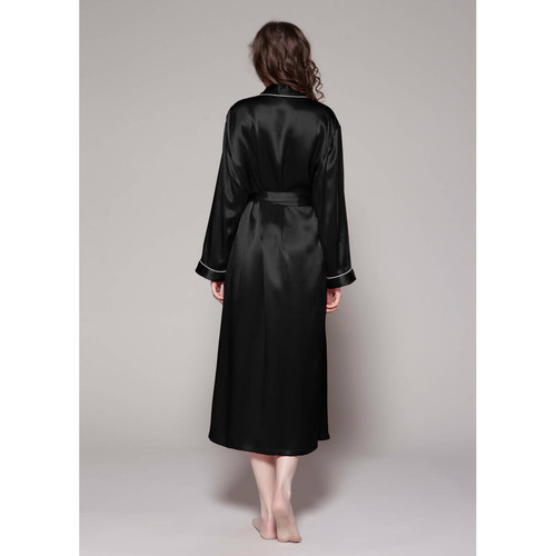 Robe De Chambre Longue En Soie Bordure Contraste noir LilySilk