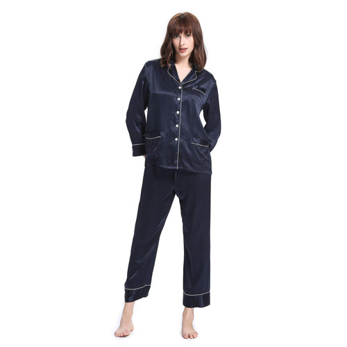 Pyjama en Soie Femme  Liseré Contrastant bleu marine LilySilk
