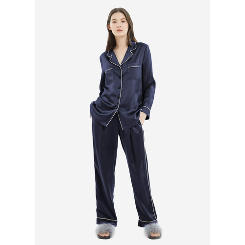 22MM Ensemble Pyjama à Passepoil d'Or en Soie bleu marine LilySilk Mode femme