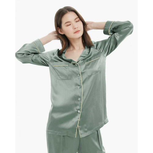 22MM Ensemble Pyjama à Passepoil d'Or en Soie vert foncé LilySilk Mode femme