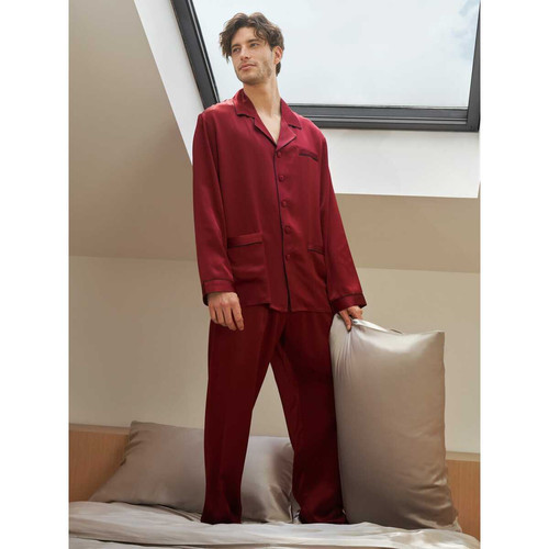Ensemble De Pyjama En Soie Longue Bordure Contraste Pour Homme rouge LilySilk