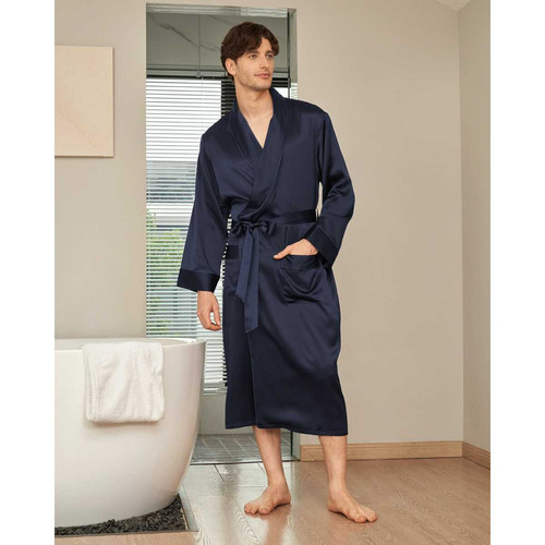 Robe Longue En Soie Luxueuse Classique Pour Homme bleu marine LilySilk