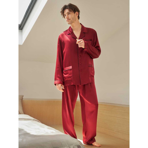 Ensemble De Pyjama En Soie Longue Bordure Contraste Pour Homme rouge LilySilk LES ESSENTIELS HOMME