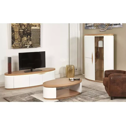 Meuble TV 3 portes et un tiroir interne en bois laque ELLIPSE Beige et Blanc  Blanc 3S. x Home Meuble & Déco