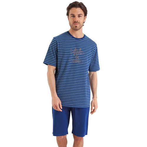 Athéna - Pyjama court Rayures Fish & Chips bleu en coton pour homme  - Pyjama homme