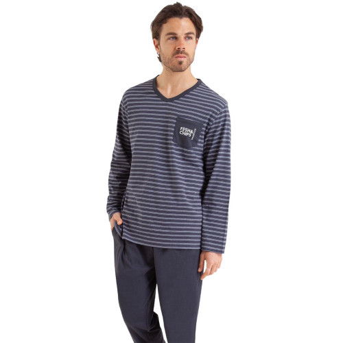 Athéna - Pyjama long Rayures Fish & Chips gris en coton pour homme  - Pyjama homme