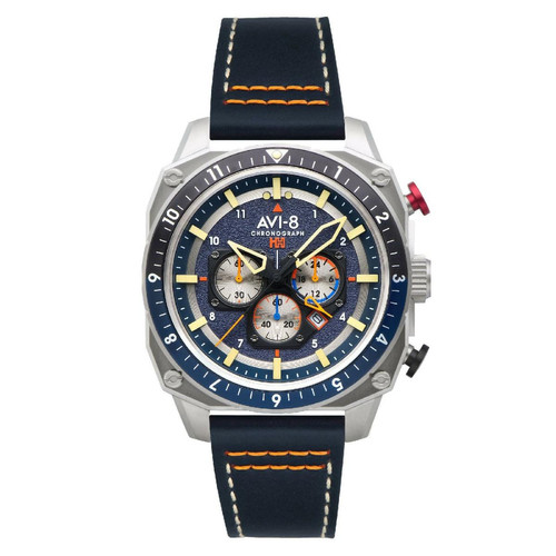 Avi-8 - Montre pour homme Hawker Hunter Dual Time Chrono AV-4100-02 avec bracelet en cuir bleu - Toutes les montres