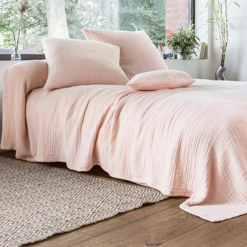 Becquet - Jeté de lit effet délavé double gaze de coton Rose poudrée - Couvre lits jetes de lit rose