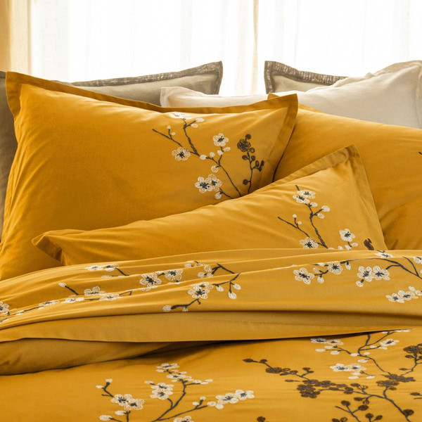 Drap housse coton imprimé motifs feuilles jaune ocre ILE SACREE Becquet