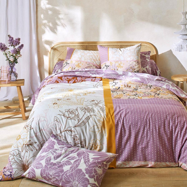 Housse de couette double face en coton à motifs fleuris violet POETIQUE  Becquet Linge de maison