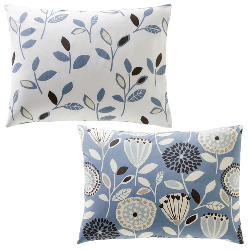 Taie d'oreiller sac imprimée motifs feuilles en coton bleue SEVENTIES   Becquet