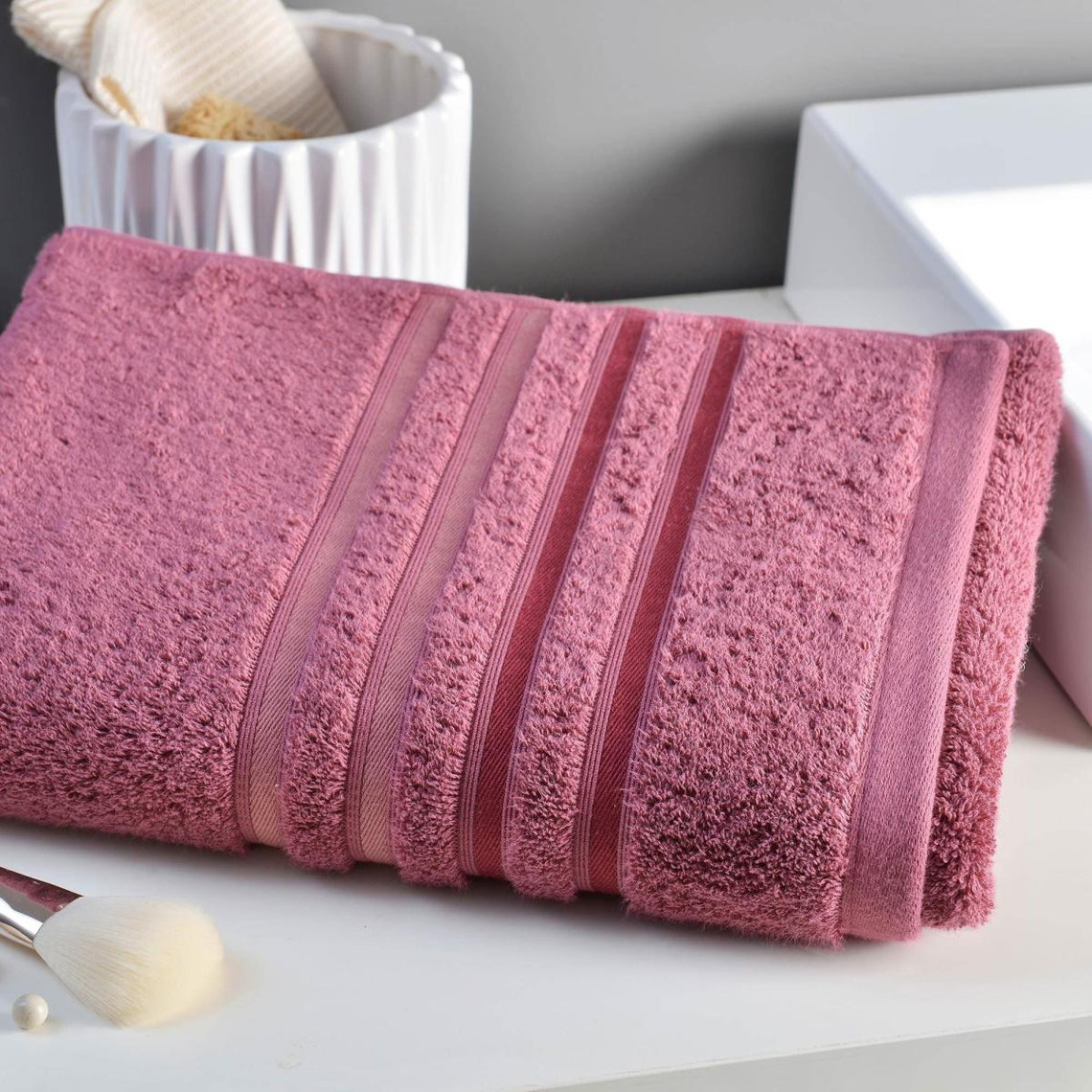 drap de bain eponge liteau rayures extra soft rose moyen