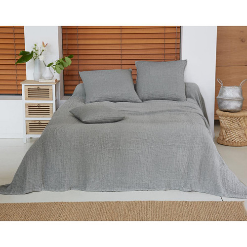 Becquet - Jeté de lit WELLS gris en gaze de coton - Couvre lits jetes de lit 230 x 250 cm