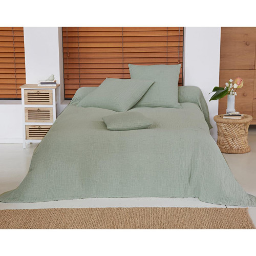 Becquet - Jeté de lit WELLS vert en gaze de coton - Linge de lit Becquet