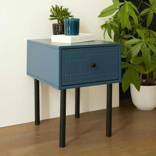 Becquet - Table de chevet bois et pieds métal bleue - Nouveautés Meuble Et Déco Design