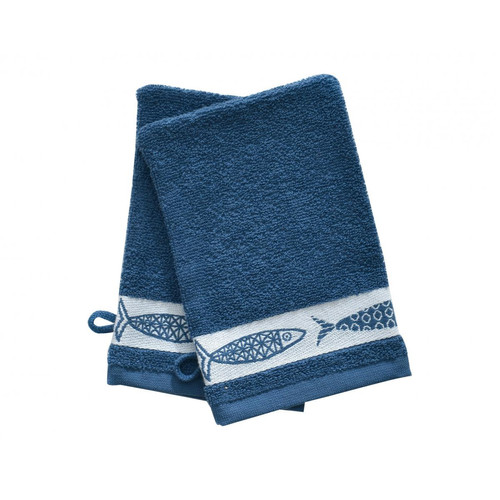 Becquet - Lot de 2 gants de toilette SARDINETTE bleu en coton - Soldes Linge De Maison