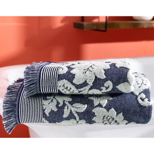 Becquet - Serviette de bain  FLORAISON bleu marine en coton - Serviette de toilette