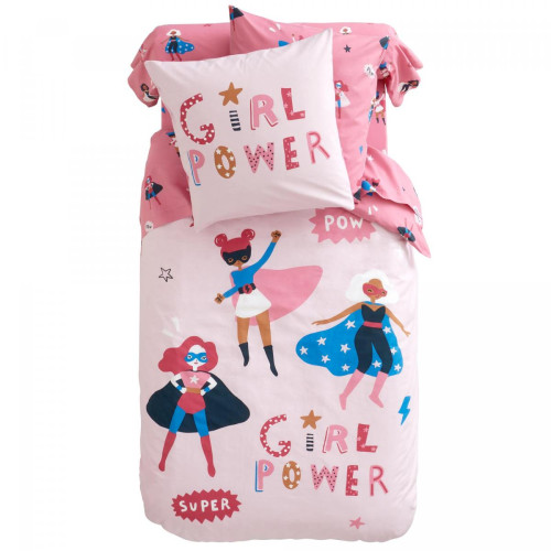 Becquet - Taie d'oreiller enfant réversible GIRL POWER rose en coton - Housses de couette pour les enfants