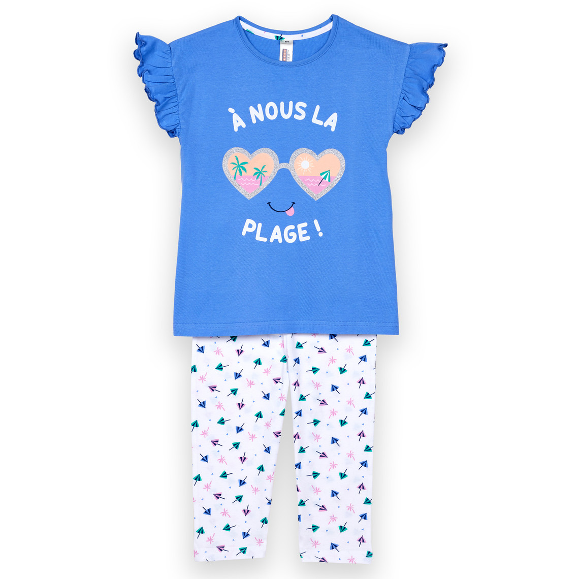 Ensemble Pyjama Filette corsaire haut imprimé avant et bas imprimé bleu