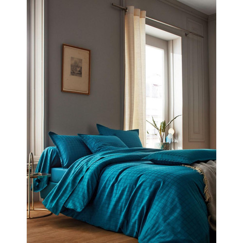 Blanc des Vosges - Parure Drap, 2 Taies d'Oreiller Bourdon Fin et un Drap Housse  - Parures de lit bleu