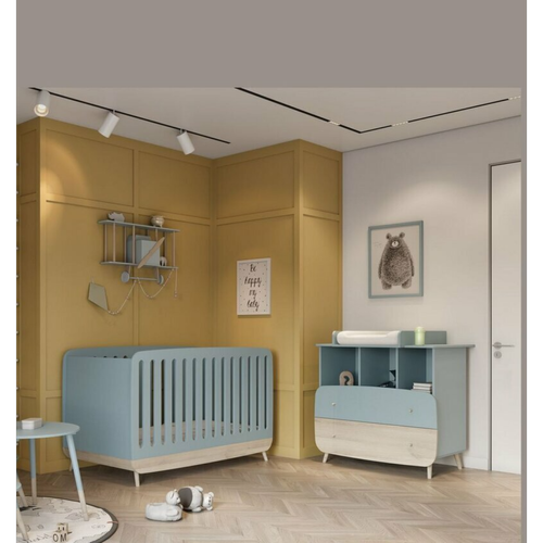 3S. x Home - Ensemble FIRMANIA lit bébé + plan à langer pour commode + commode 2 tiroirs et 3 niches - bleu orage et pin naturel  - Sommiers Et Lits Design