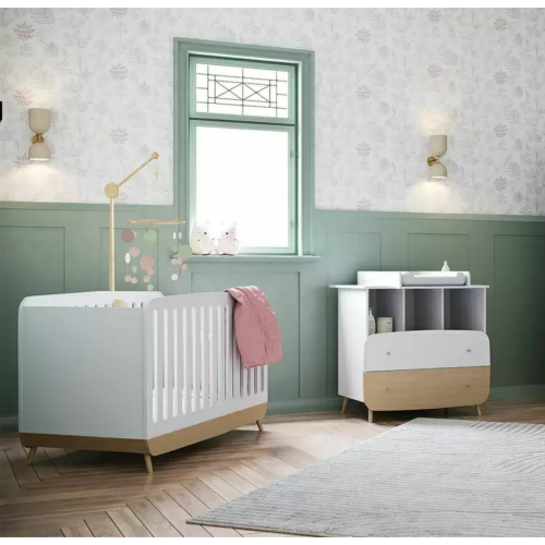 3S. x Home - Ensemble FIRMANIA lit bébé + plan à langer pour commode + commode 2 tiroirs et 3 niches - blanc et pin naturel  - Lit Enfant Design