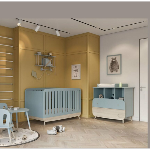 3S. x Home - Ensemble lit bébé complet avec kit evolutif + plan à langer pour commode + commode 2 tiroirs et 3 niches - bleu orage et pin naturel - Lit Enfant Design