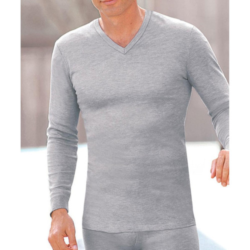 Damart - Tee-shirt manches longues col V en mailles gris - T-shirt / Polo homme