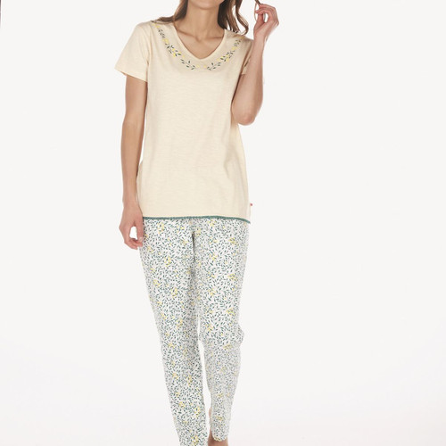 Pyjama pour femme en coton beige/imp