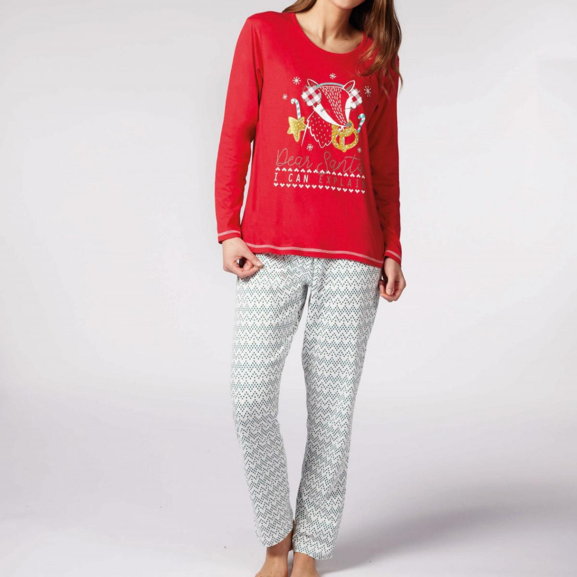 Pyjama Long fille en Coton - Rouge Blanc et Vert - Motifs Noël