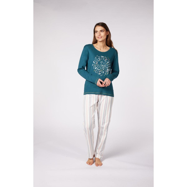 Pyjama Long Femme Vert Imprimé/Blanc à Rayures Verticales Colorés - Dodo Homewear en coton Dodo Homewear Mode femme