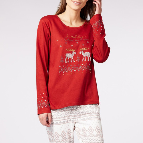 Pyjama Long femme en Coton - Rouge - Blanc et Terra Cotta à Motifs Rennes-Noël - Dodo Homewear Dodo Homewear