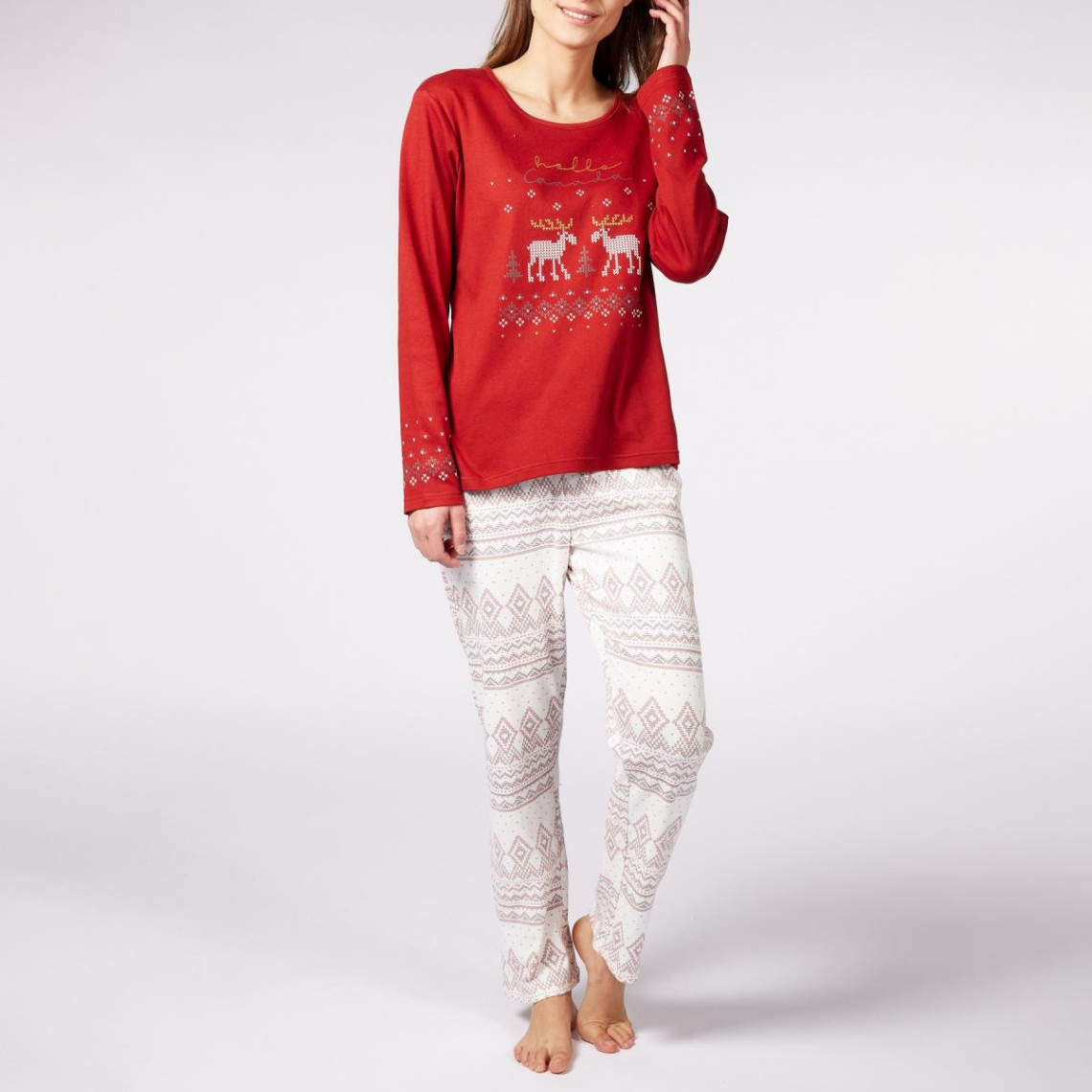 pyjama long femme en coton - rouge - blanc et terra cotta à motifs rennes-noël - dodo homewear