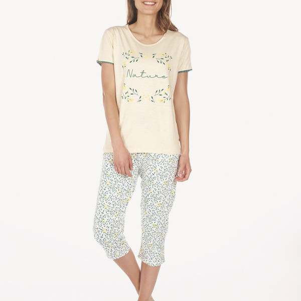 Pyjama beige/imp pour femme en coton biologique Dodo Homewear Mode femme