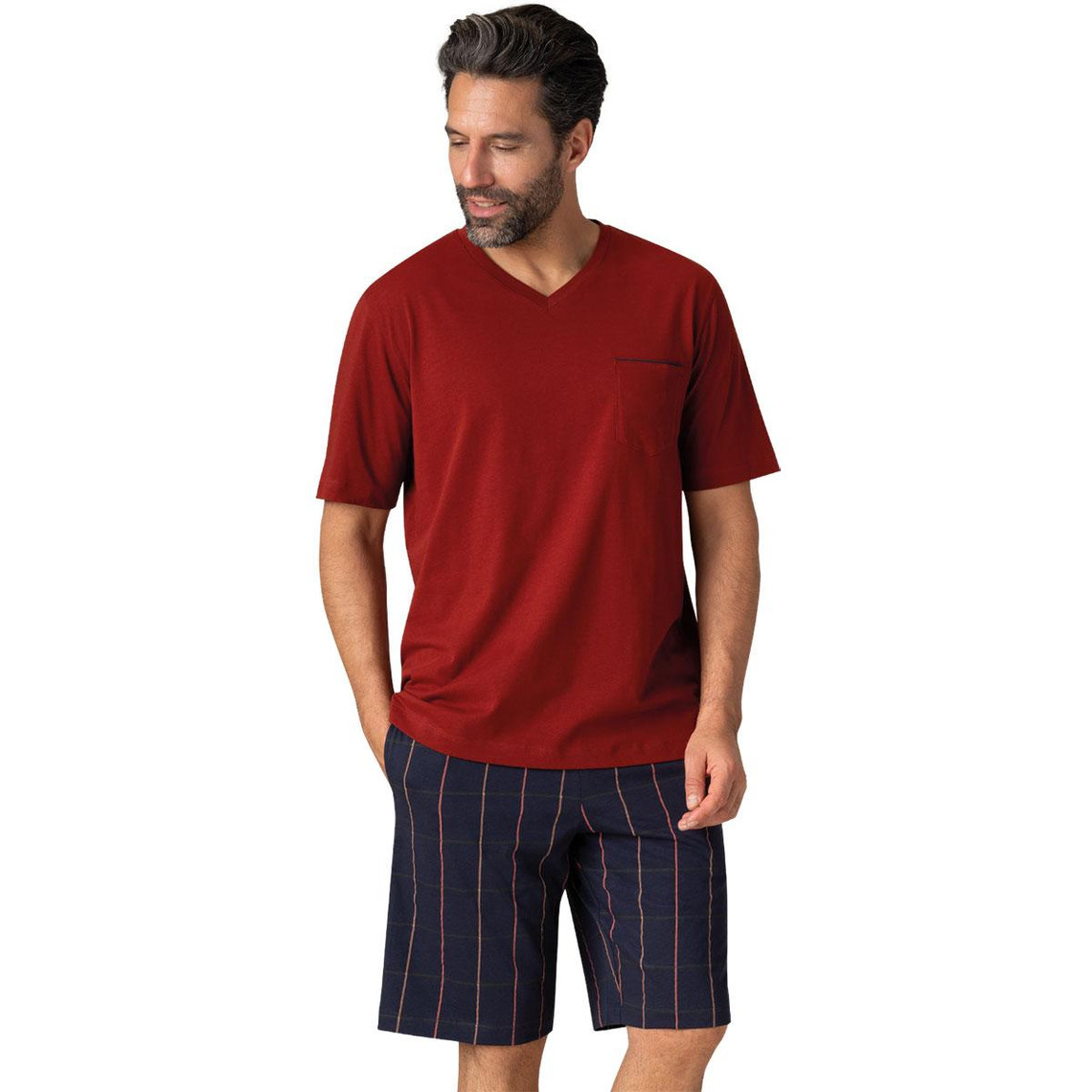 pyjama court col v homme business rouge en coton