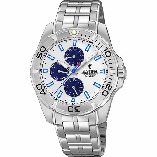 Montre Festina F20445-1 - Multifonction acier quartz cadran blanc compteurs bleus et bracelet acier Argent Festina LES ESSENTIELS HOMME