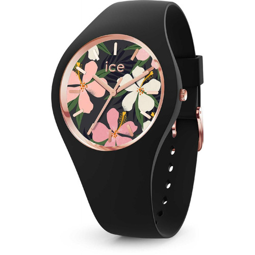 Ice-Watch - Montre ICE flower China Rose avec bracelet en silicone noir - Ice-Watch Montres pour femme