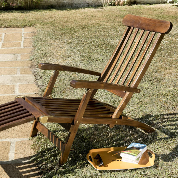 Chaise longue de jardin HANNA en bois teck huilé Beige MACABANE Meuble & Déco