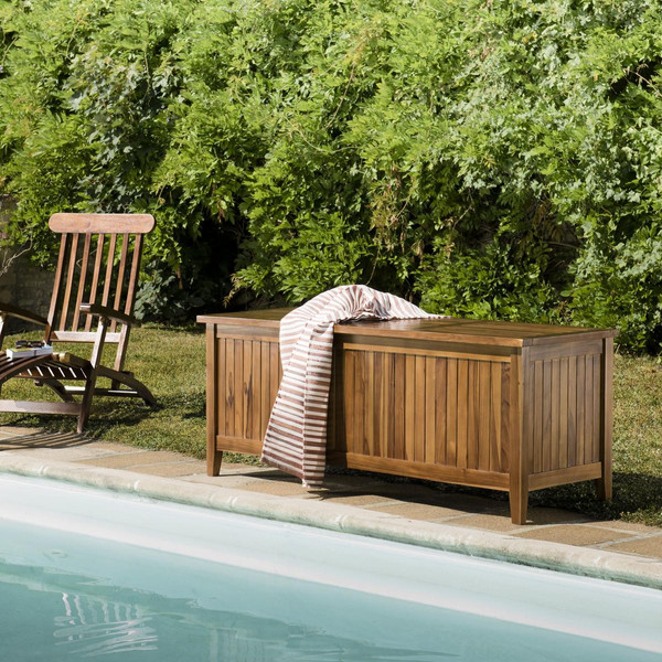 Coffre de jardin piscine HANNA en bois teck huilé 165x55cm Beige MACABANE Meuble & Déco