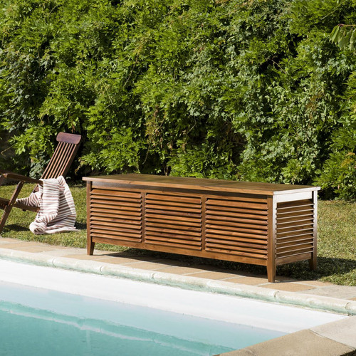 Macabane - Coffre de jardin piscine HANNA en bois teck huilé 200x55cm - Mobilier Deco