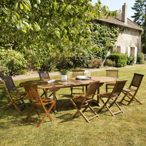 Salon de jardin HANNA en bois teck huilé 10/12 personnes - ensemble de jardin : 1 table ovale extensible 200/300*120 cm et 8 chaises