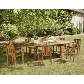 Salon de jardin HANNA en bois teck huilé 10/12 personnes - ensemble de jardin : 1 table ovale extensible 200/300*120 cm et 8 fauteuils empilables