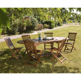 Salon de jardin HANNA en bois teck huilé 8/10 personnes - ensemble de jardin : 1 table ovale extensible 180/240*100 cm et 6 chaises.