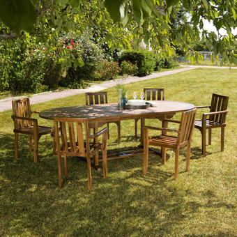Salon de jardin HANNA en bois teck huilé 8/10 personnes - ensemble de jardin : 1 table ovale extensible 180/240*100 cm et 6 fauteuils empilables